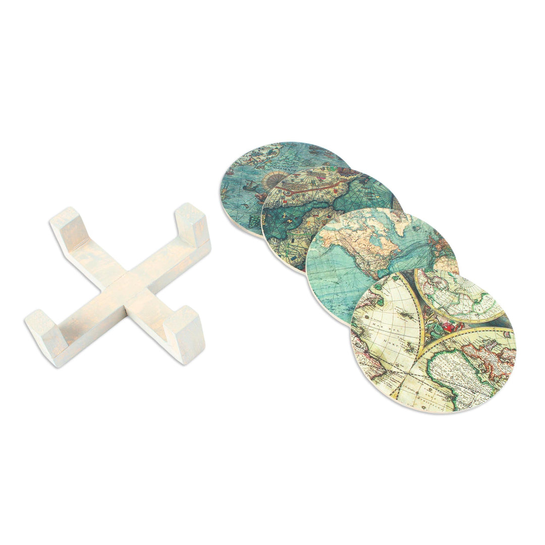 Decoupage Coasters and Holder with Africa Maps (Set of 4) - Old Africa