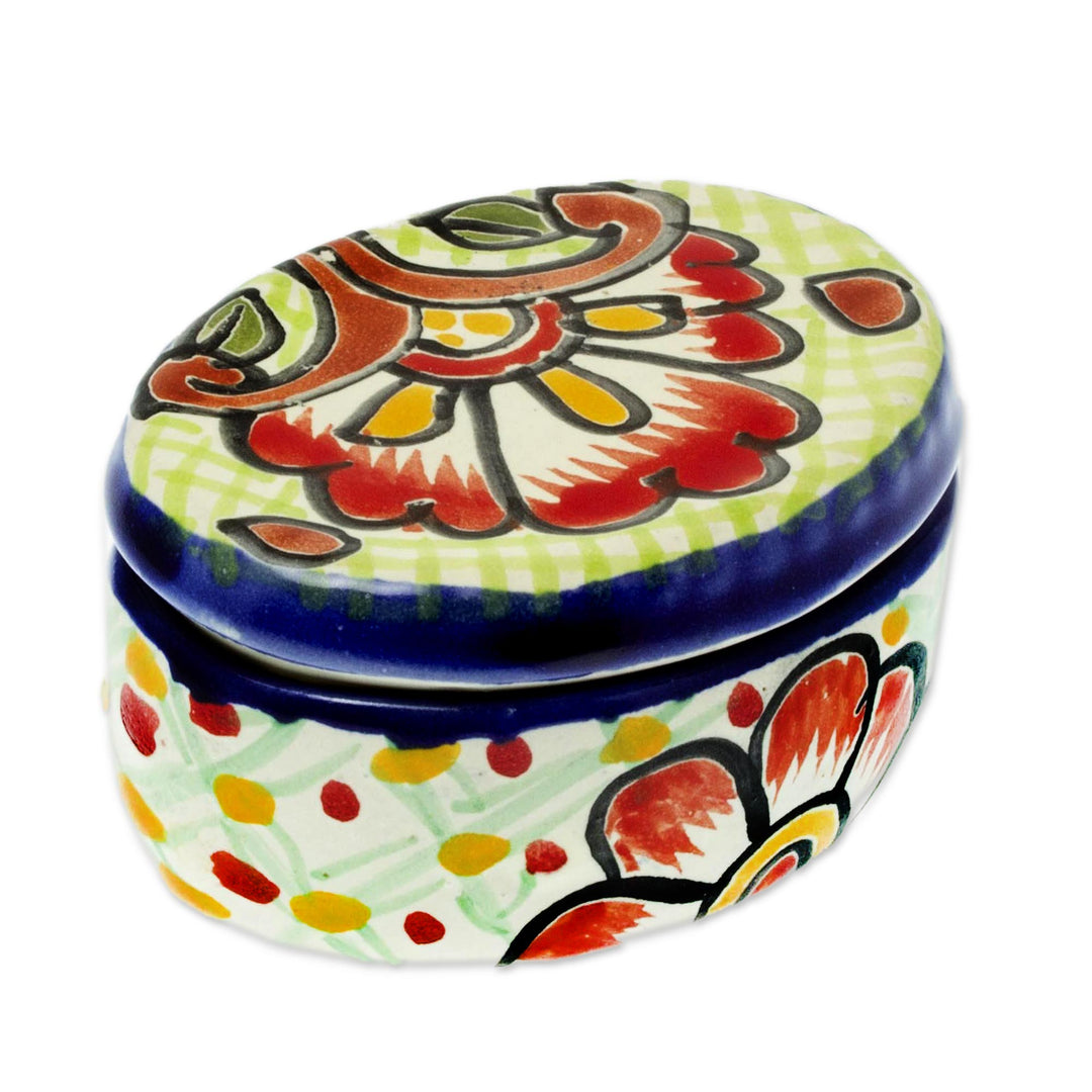 Cotton Swab Jar in Talavera-Style Ceramic - Talavera Flowers