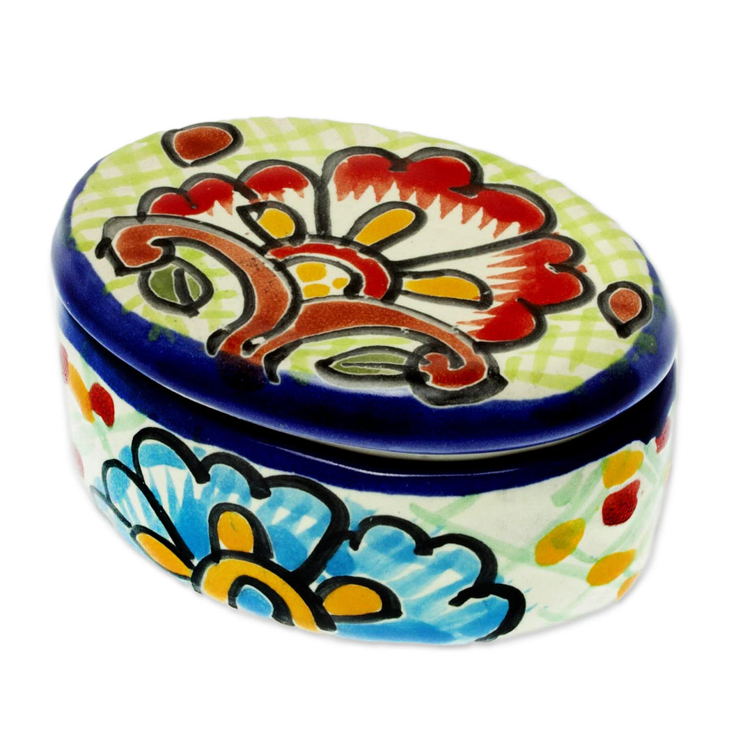 Cotton Swab Jar in Talavera-Style Ceramic - Talavera Flowers