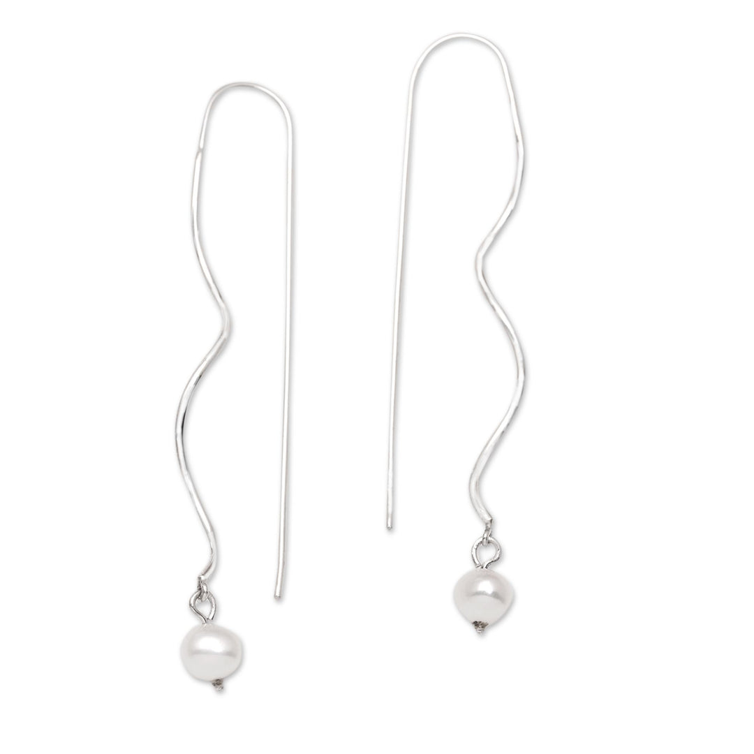 Sterling Silver Dangle Earrings with Peach Cultured Pearls - Falling Peach