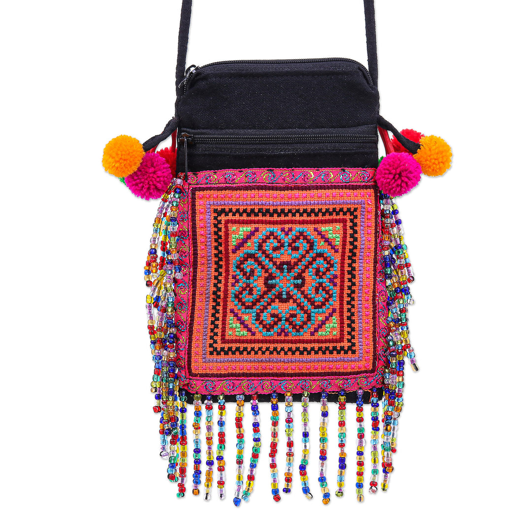 Hmong Cross-Stitch Sling Bag with Beaded Fringe - Petite Hmong