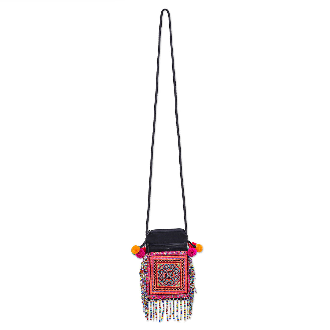 Hmong Cross-Stitch Sling Bag with Beaded Fringe - Petite Hmong