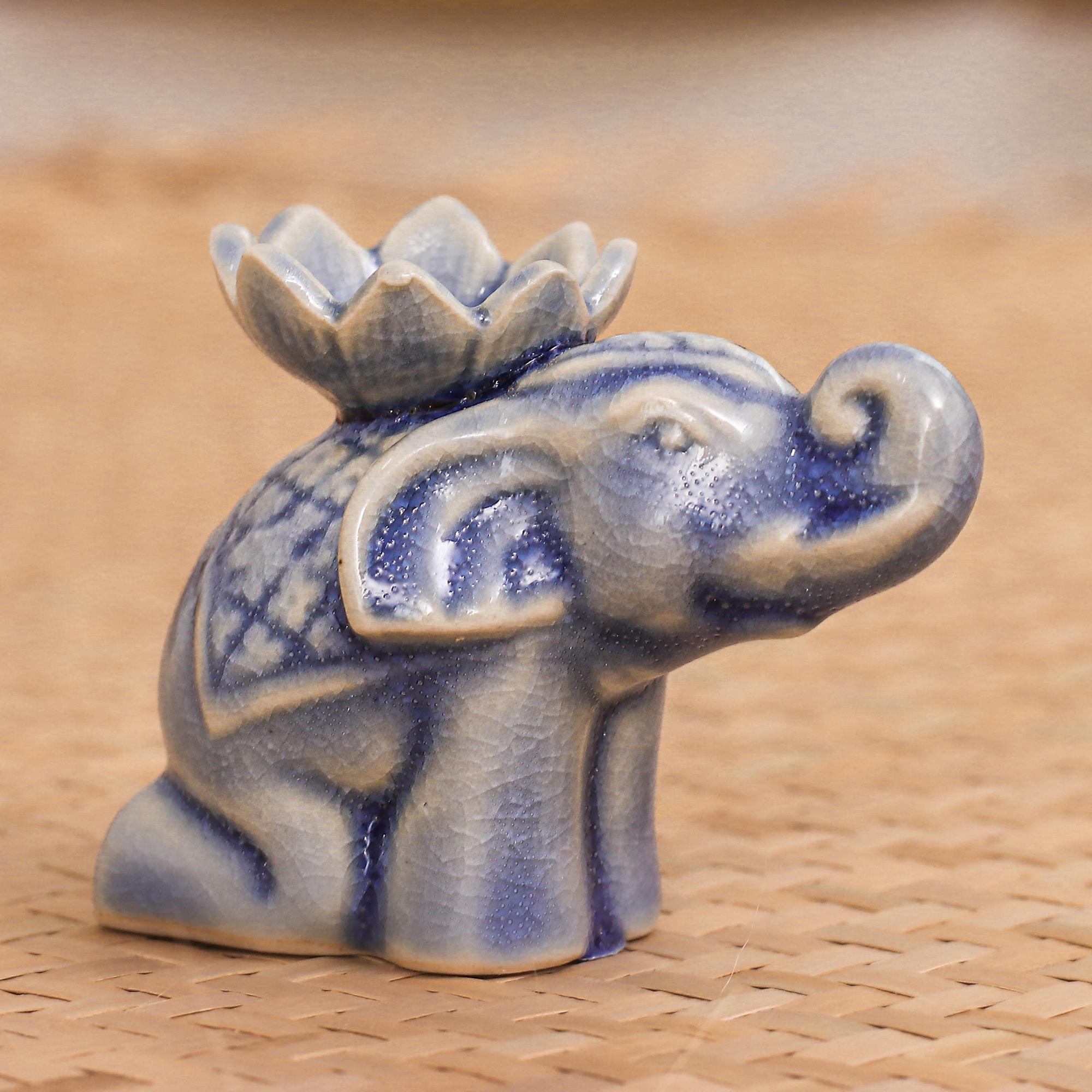 Blue Ceramic Elephant Incense Holder with Lotus Flower - Wise