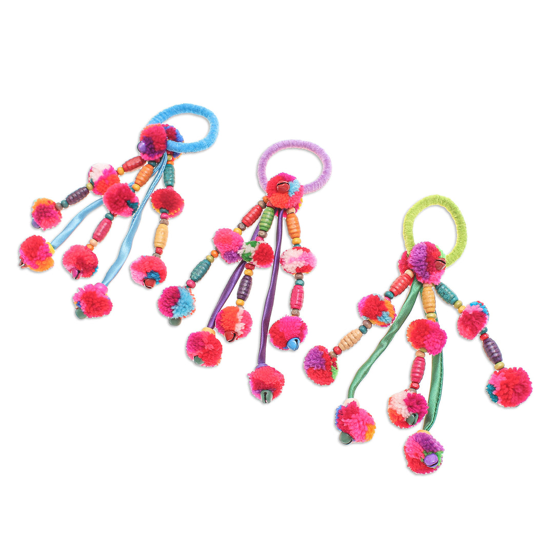 Cotton-Blend Hair Scrunchies with Cotton Pompoms (Set of 3) - Tribal Beauty in Open Skies