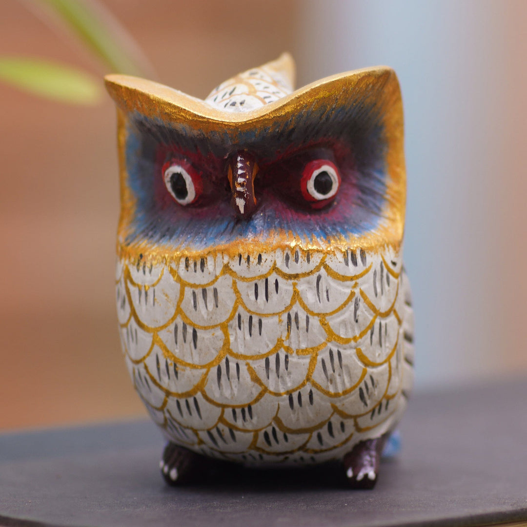 Artisan Crafted Crocodile Wood Owl Statuette - Midnight Hunt
