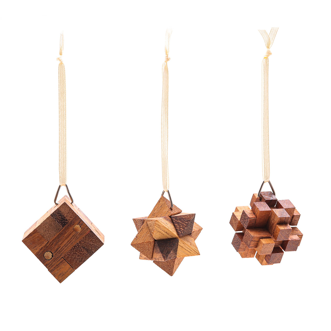 Three Thai Miniature Wood Puzzle Game Ornaments - Christmas Challenge