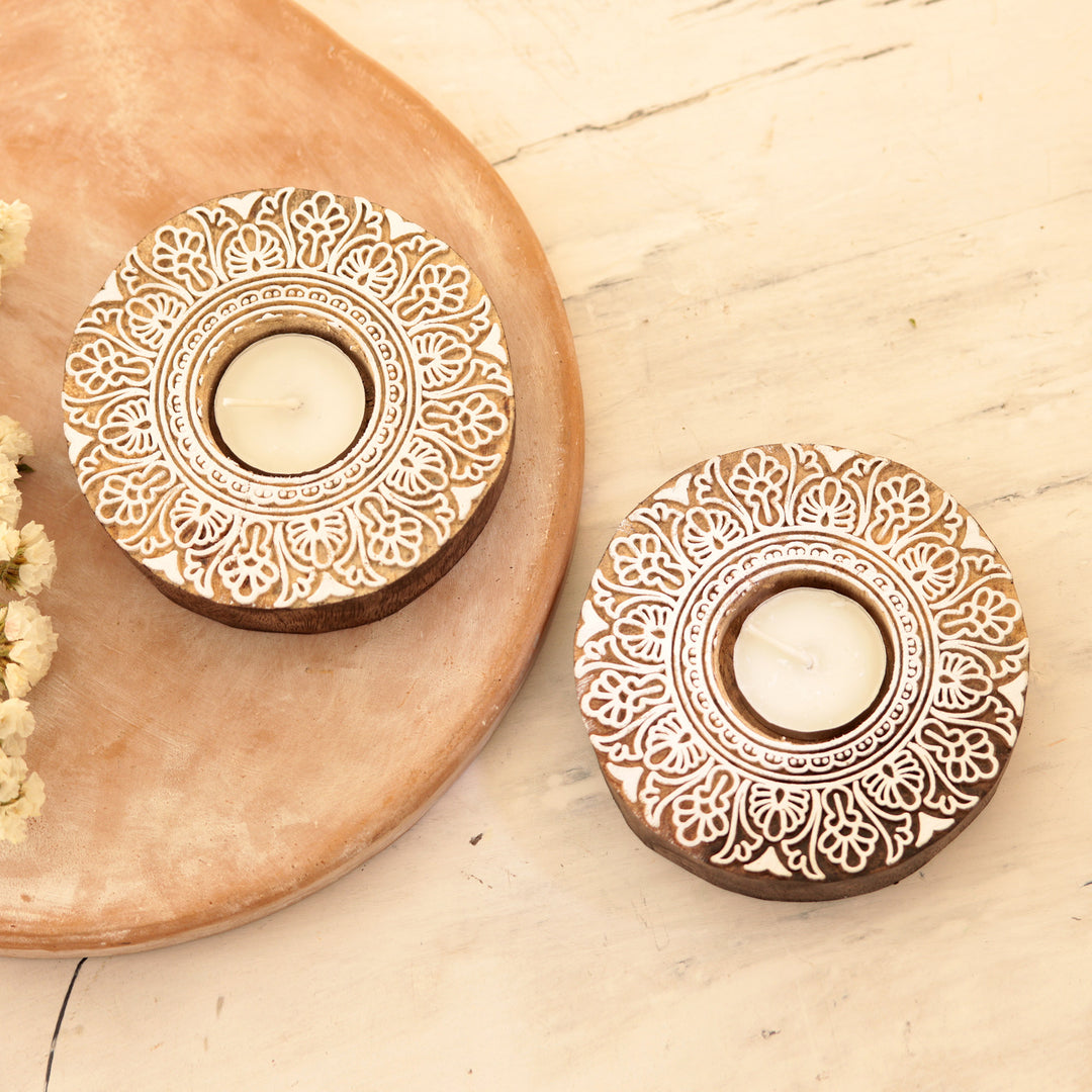 Handmade Mango Wood Tealight Candle Holders (Pair) - Ignite the Flame