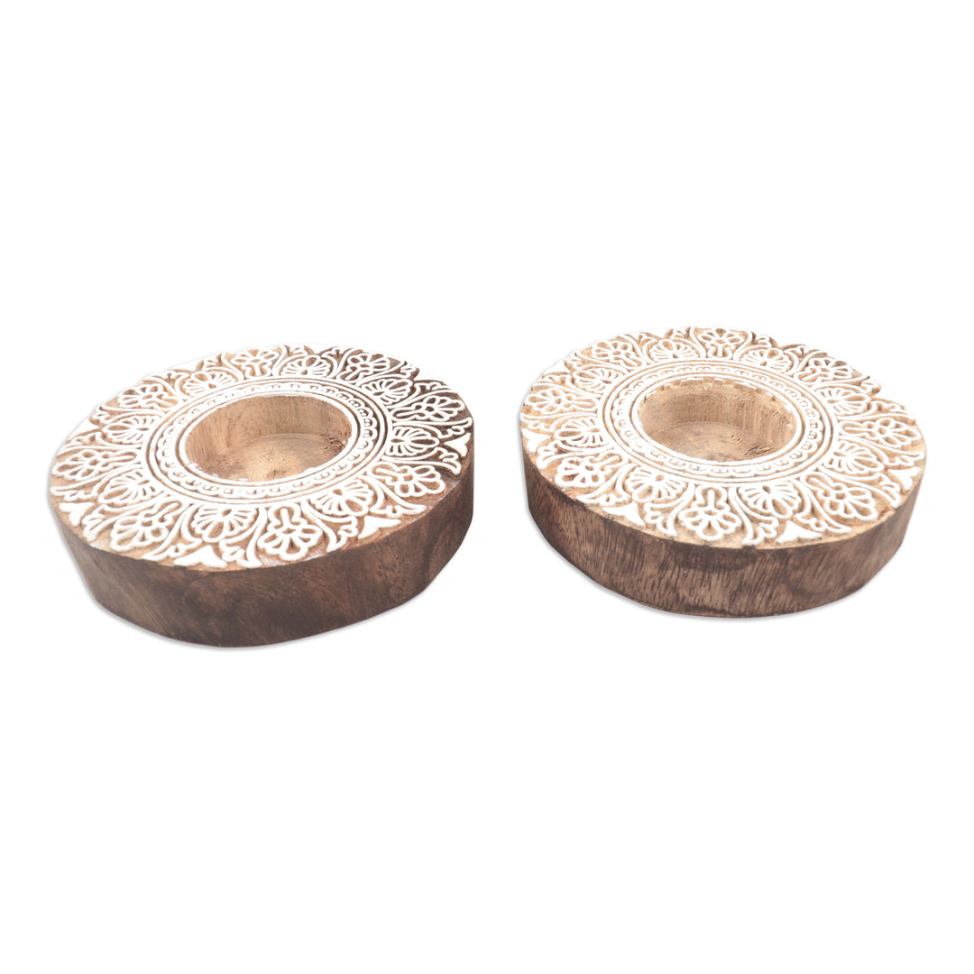 Handmade Mango Wood Tealight Candle Holders (Pair) - Ignite the Flame