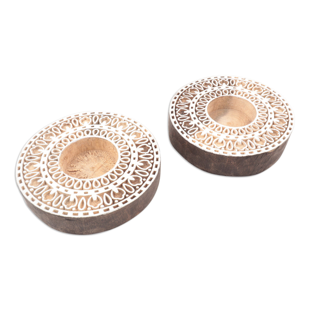 Artisan Crafted Mango Wood Tealight Candle Holders (Pair) - Ignite the Light