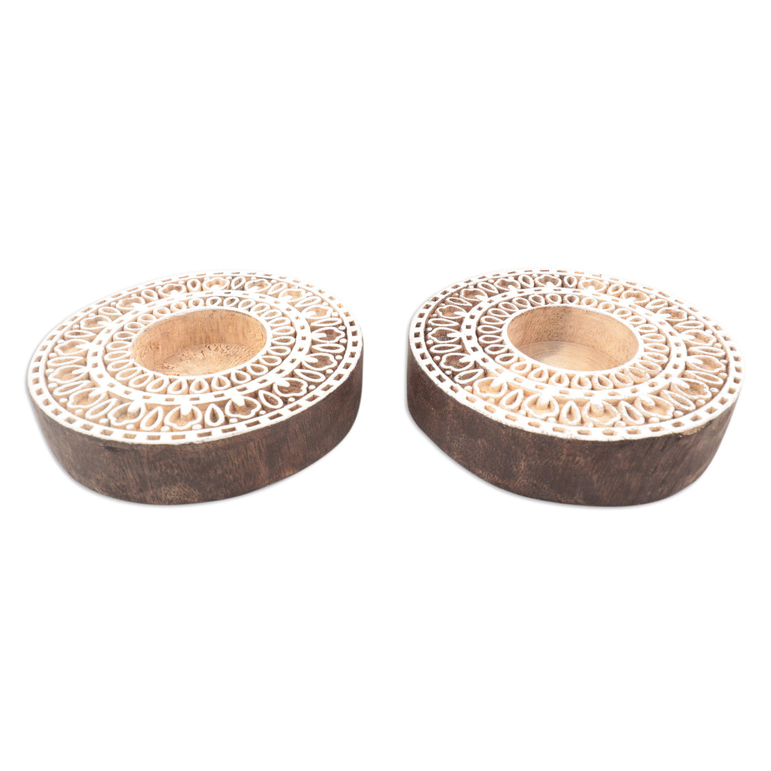 Artisan Crafted Mango Wood Tealight Candle Holders (Pair) - Ignite the Light
