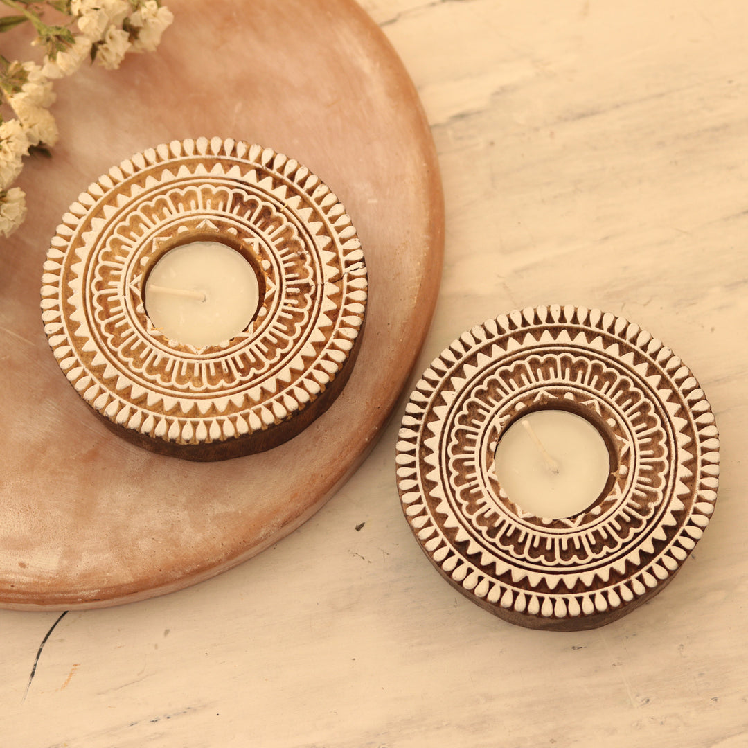 Hand Carved Wood Tealight Candle Holders (Pair) - Flower Flash