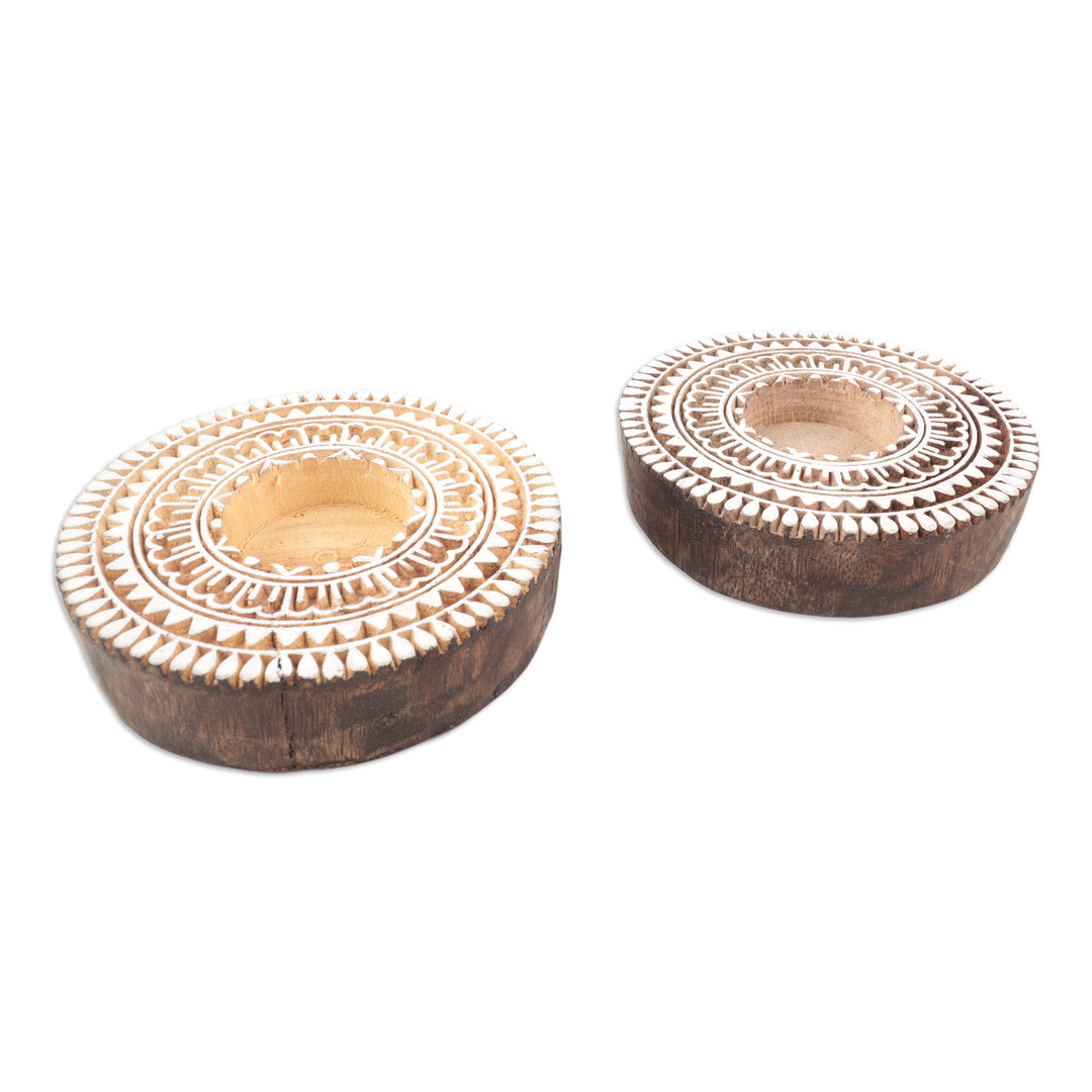 Hand Carved Wood Tealight Candle Holders (Pair) - Flower Flash