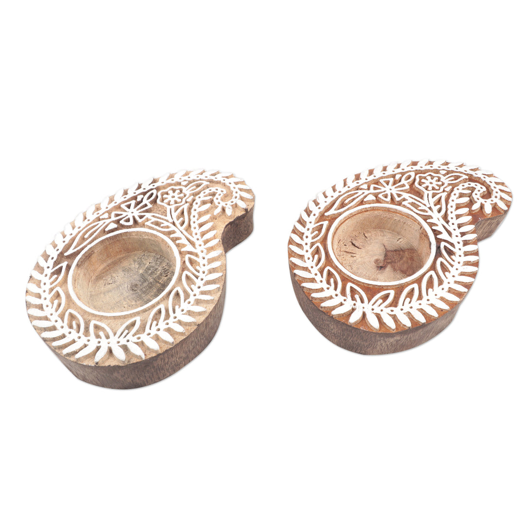 Mango Wood Paisley Tealight Candle Holders (Pair) - Paisley Glow