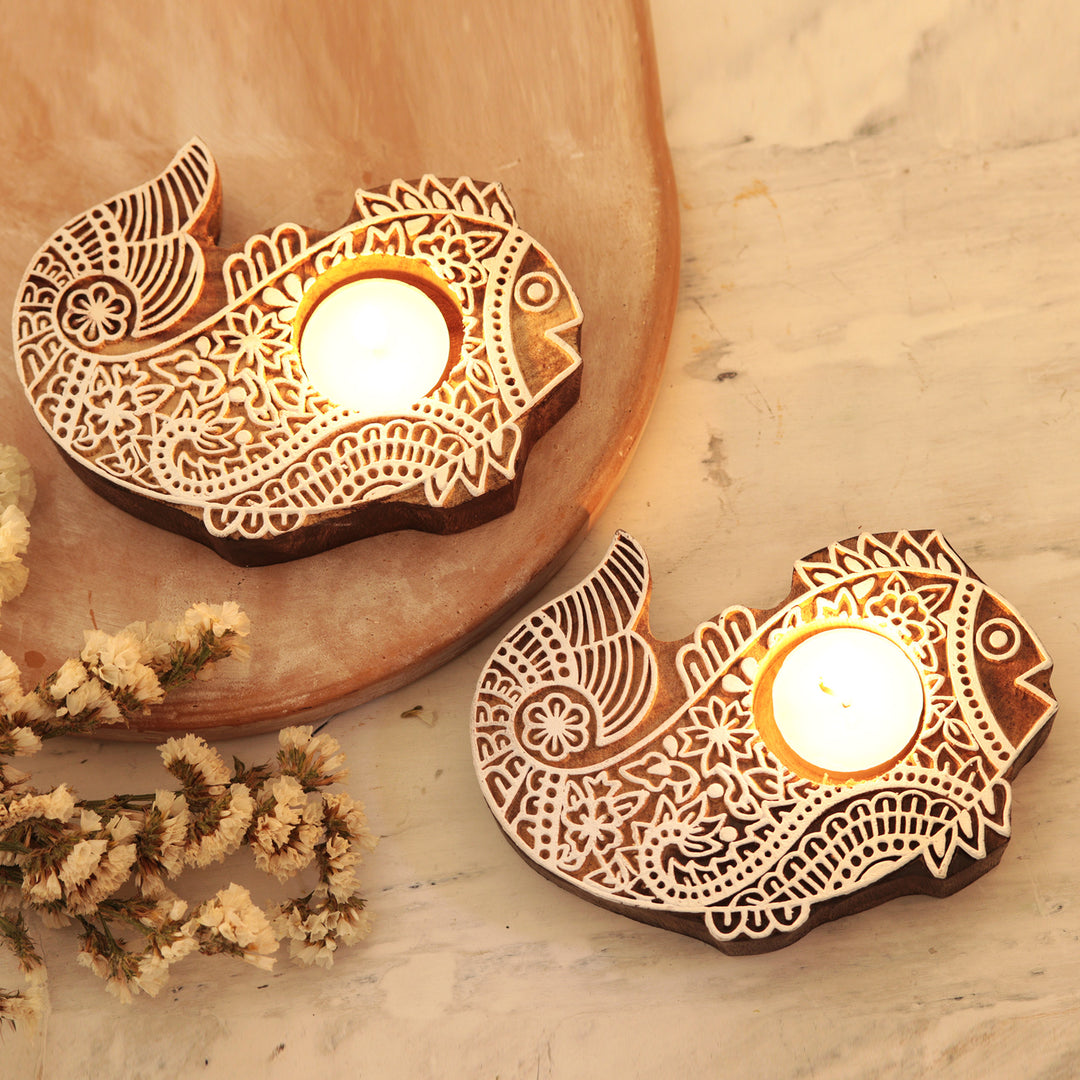 Mango Wood Tealight Candle Holders with Fish Motif (Pair) - Finned Friends