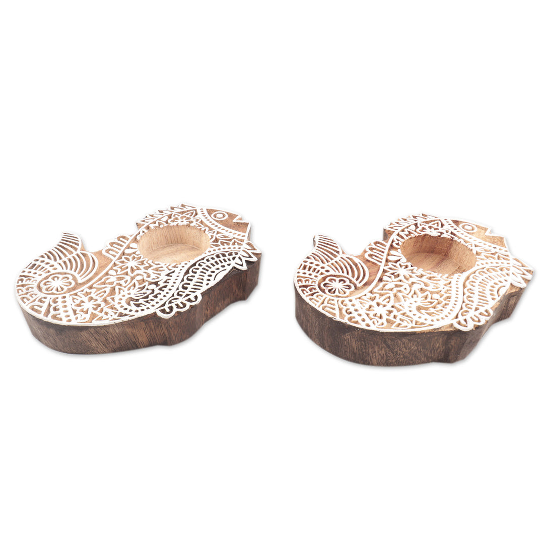 Mango Wood Tealight Candle Holders with Fish Motif (Pair) - Finned Friends