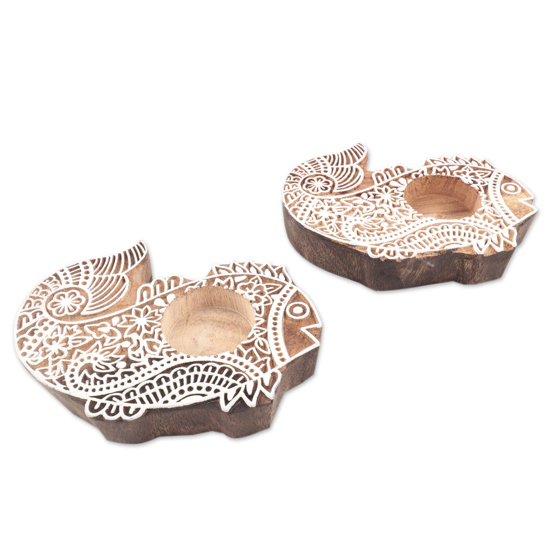 Mango Wood Tealight Candle Holders with Fish Motif (Pair) - Finned Friends