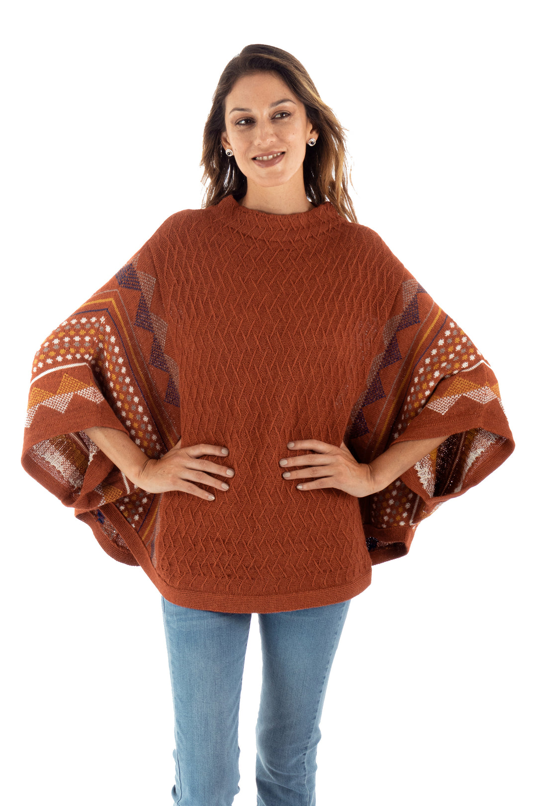 Knit 100% Baby Alpaca Poncho Sweater - Spicy Paprika