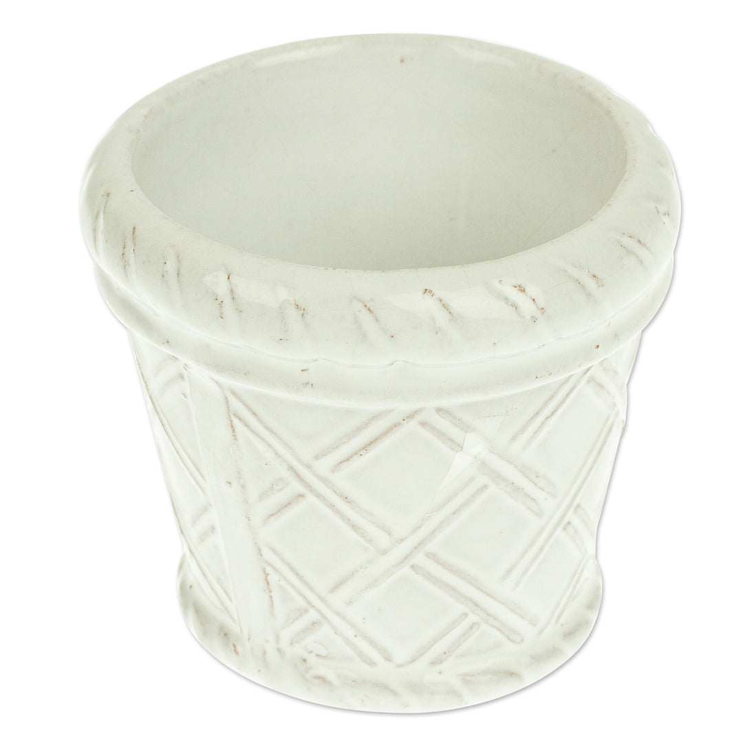 Handmade Rustic Ceramic Flower Pot in White from Mexico - Vintage Diamonds