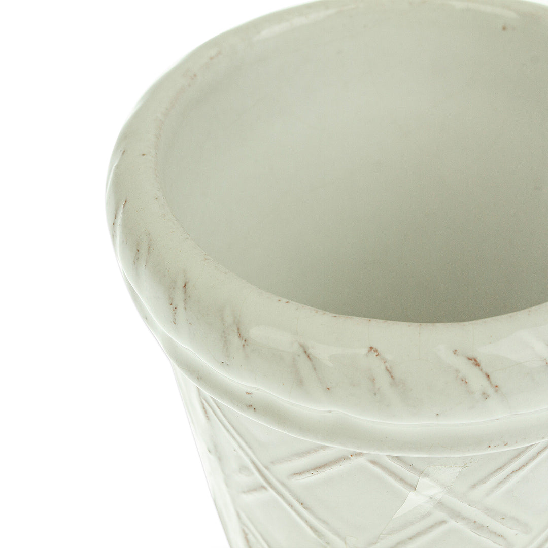 Handmade Rustic Ceramic Flower Pot in White from Mexico - Vintage Diamonds
