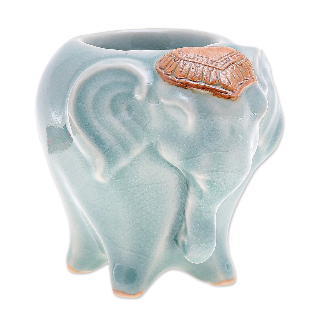 Handcrafted Thai Ceramic Elephant Tealight Holder in Green - Bright Elephant in Green