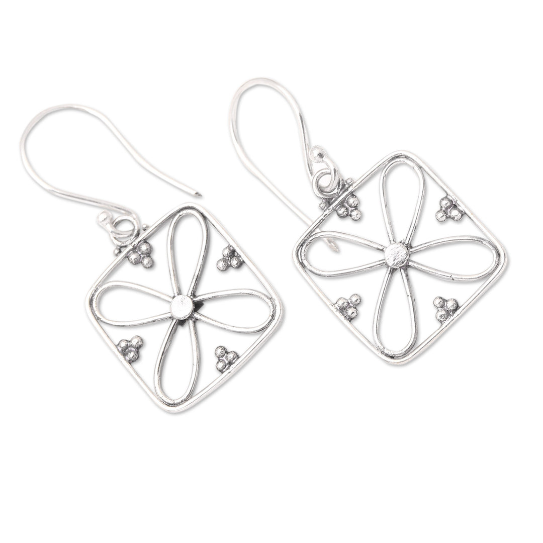 Handmade Balinese Floral 925 Sterling Silver Dangle Earrings - Four Petal Corners