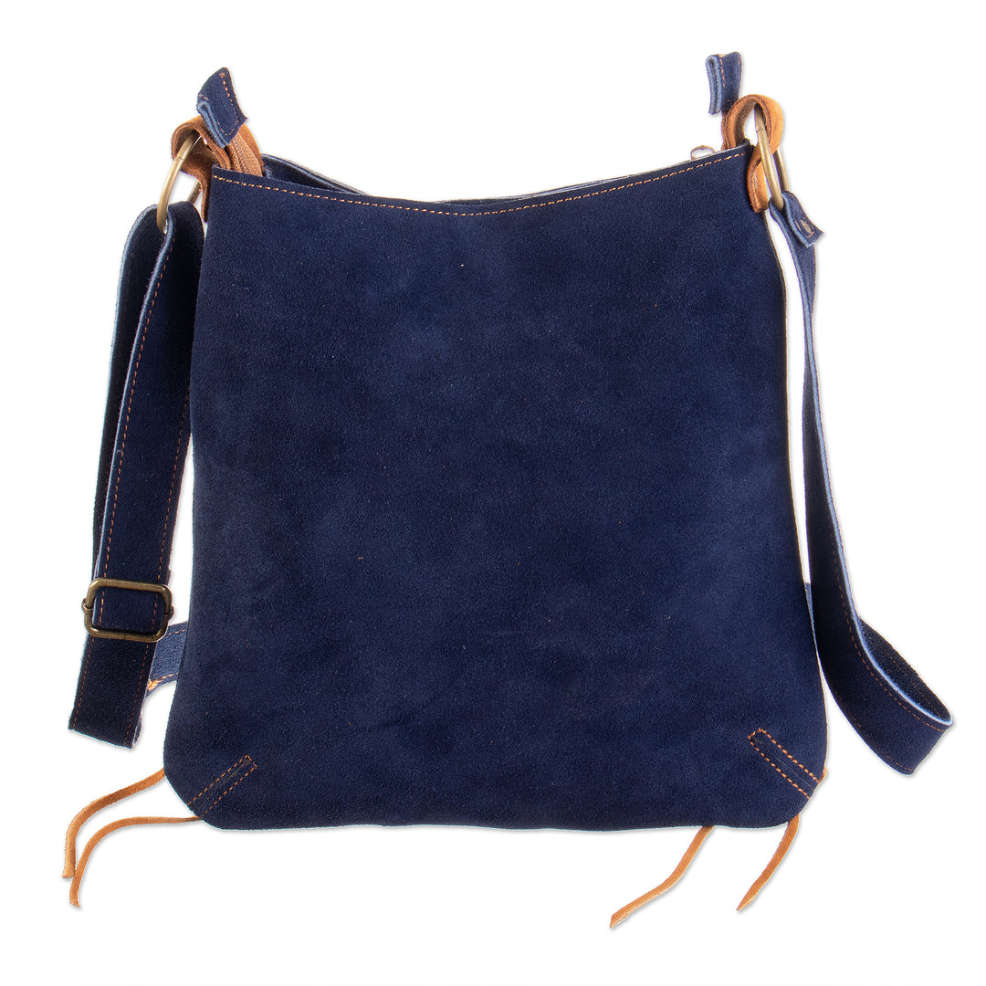 Suede Shoulder Bag in Blue with Adjustable Strap from Peru - Ripple Effect