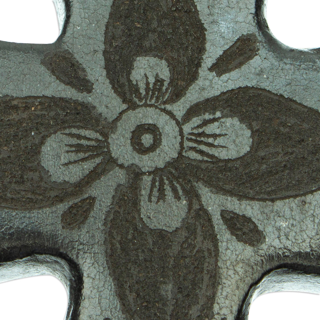 Handcrafted Mexican Barro Negro Ceramic Wall Cross - Little Flower of Luck