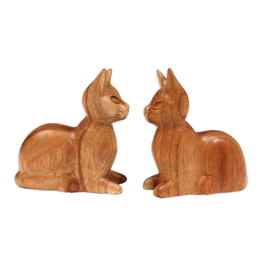 Balinese Hand-Carved Jempinis Wood Cat Sculptures (Pair) - Feline Guardians