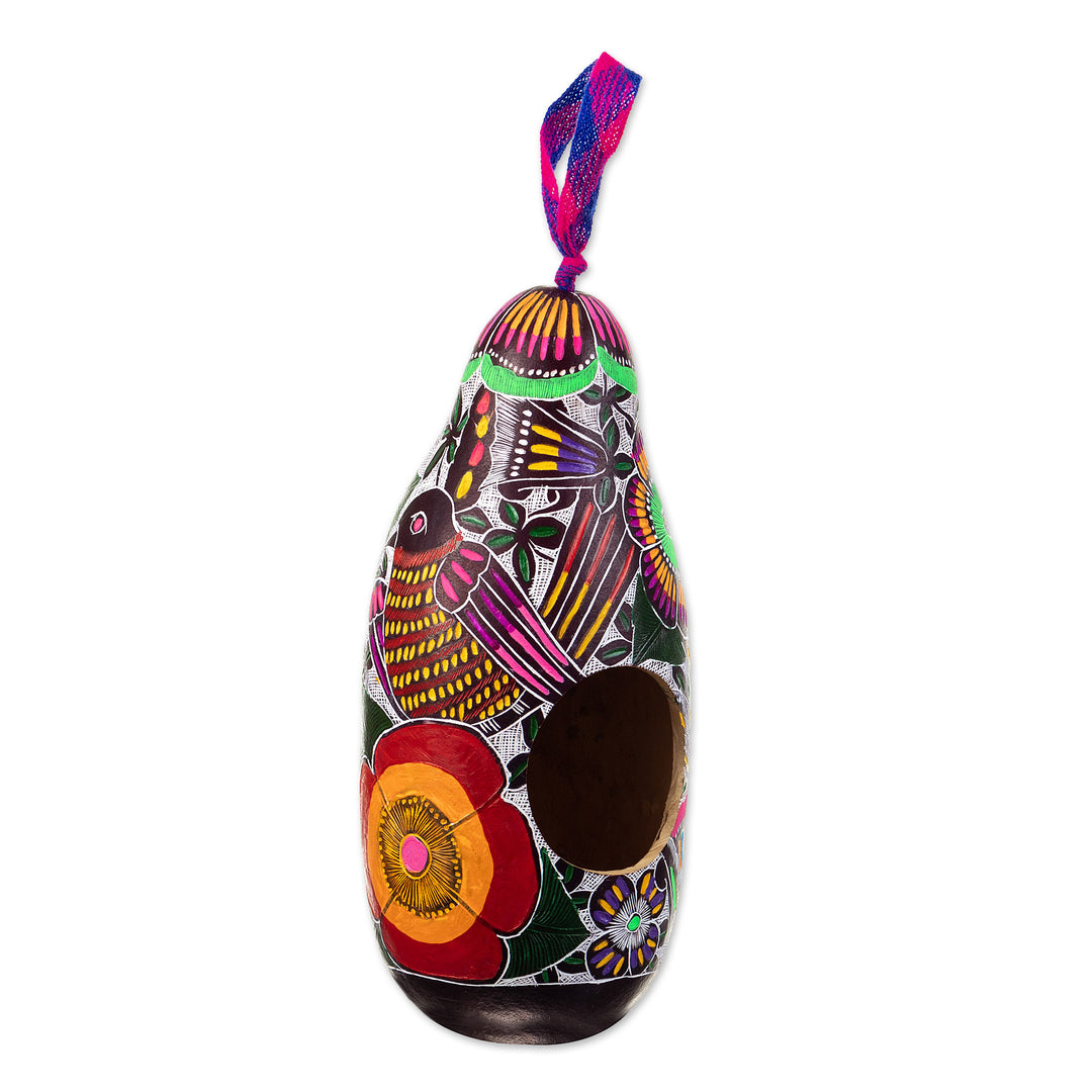 Hand-carved Hand-painted Dried Gourd Birdhouse from Peru - Home Sweet Home