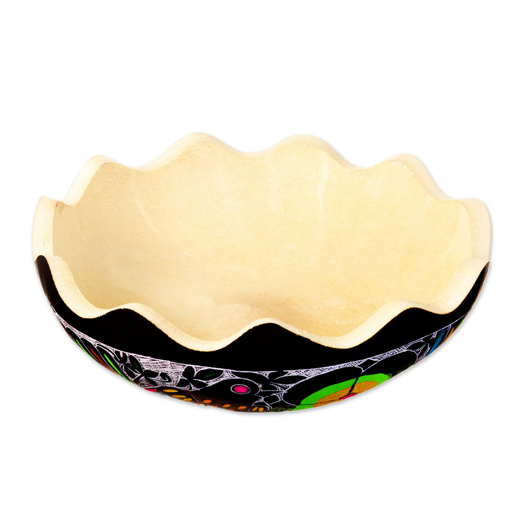 Hand-Painted and Carved Dried Gourd Catchall from Peru - Sweet Spring Scent