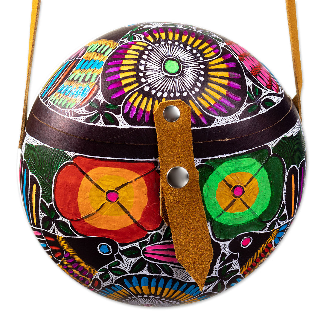 Peruvian Hand-Carved Gourd Sling Bag with Leather Accents - Colorful Andean Journey