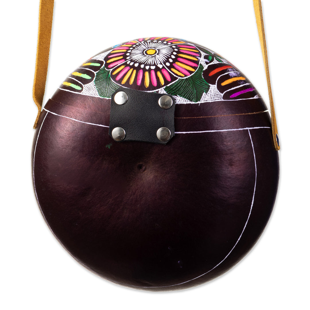 Peruvian Hand-Carved Gourd Sling Bag with Leather Accents - Colorful Andean Journey