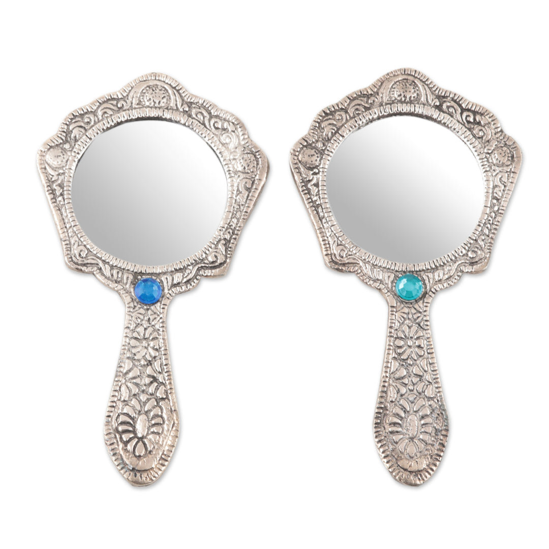 Pair of Antiqued Aluminum Hand Mirrors with Beads from India - Princess of Delhi