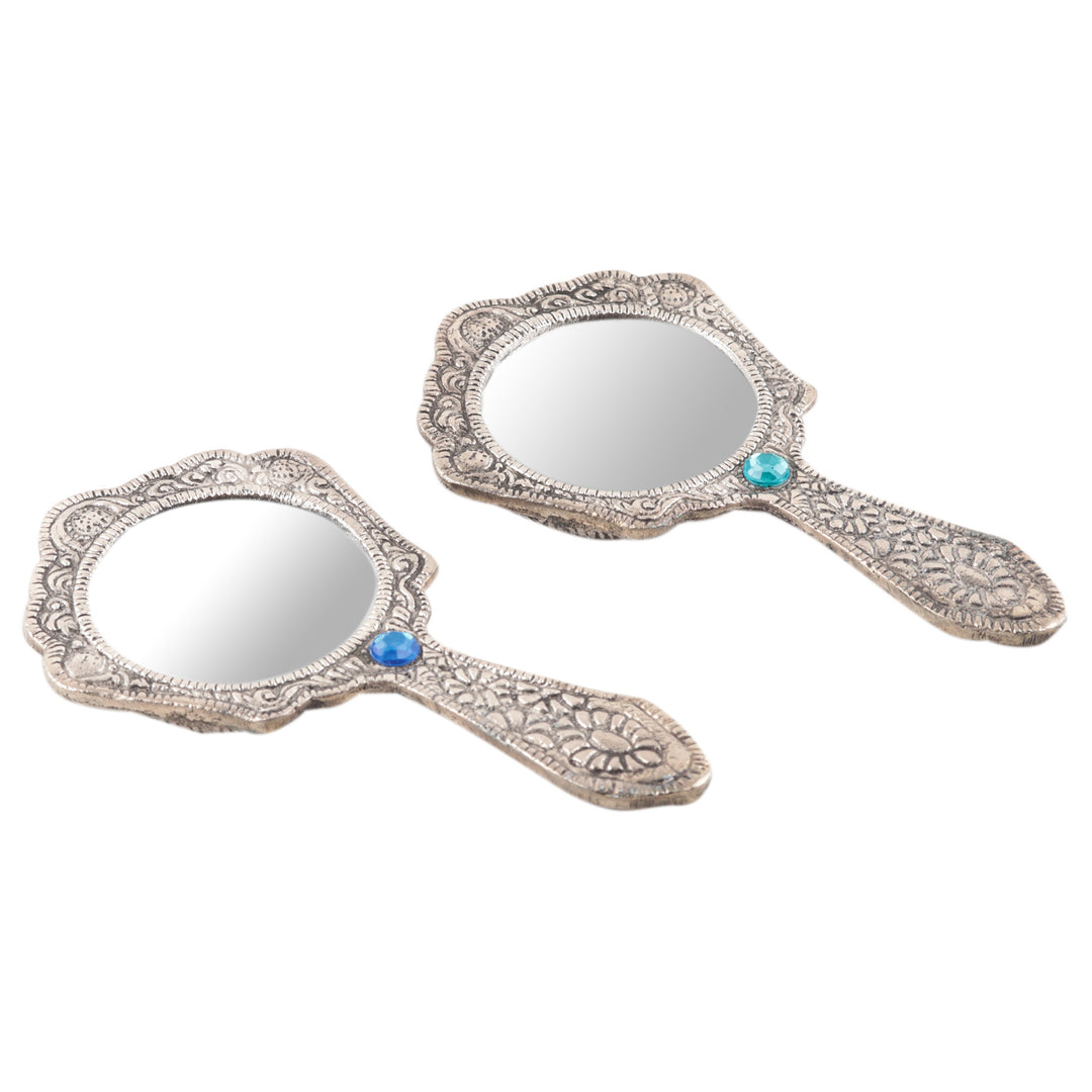 Pair of Antiqued Aluminum Hand Mirrors with Beads from India - Princess of Delhi