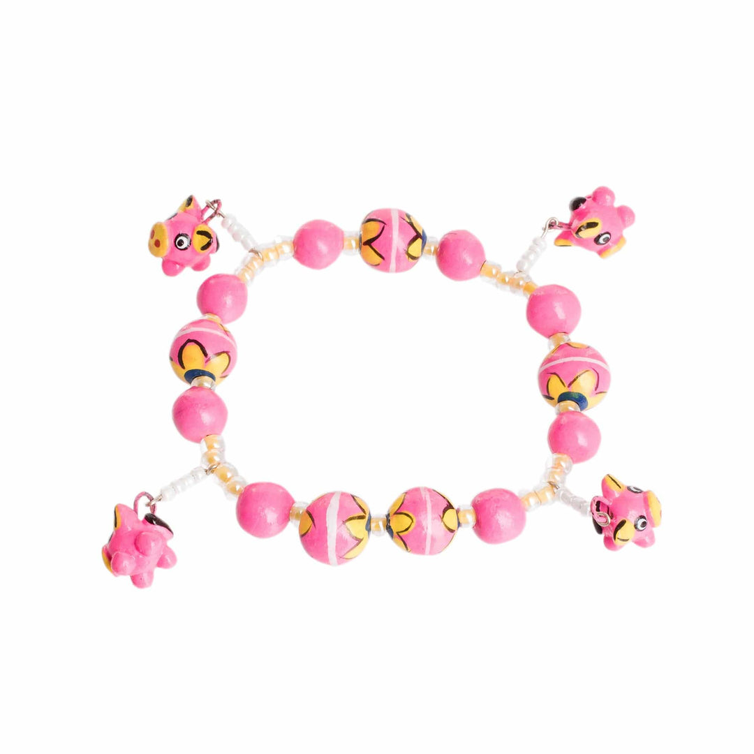Handcrafted Ceramic Beaded Stretch Bracelet in Pink - Little Pink Pigs