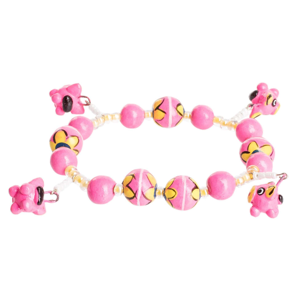 Handcrafted Ceramic Beaded Stretch Bracelet in Pink - Little Pink Pigs