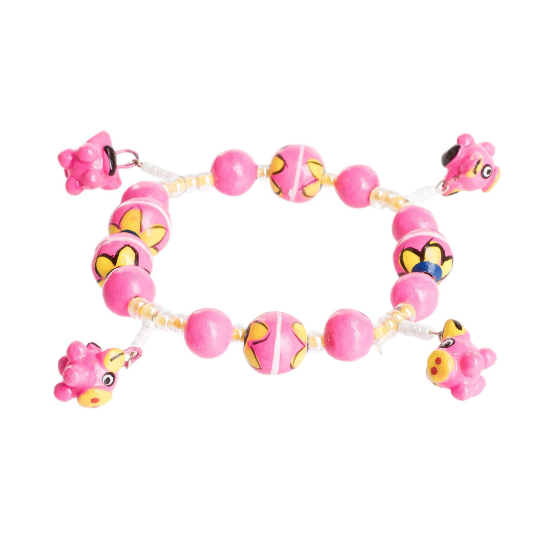 Handcrafted Ceramic Beaded Stretch Bracelet in Pink - Little Pink Pigs