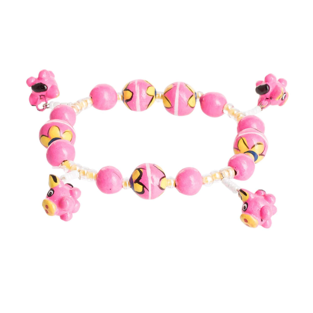 Handcrafted Ceramic Beaded Stretch Bracelet in Pink - Little Pink Pigs