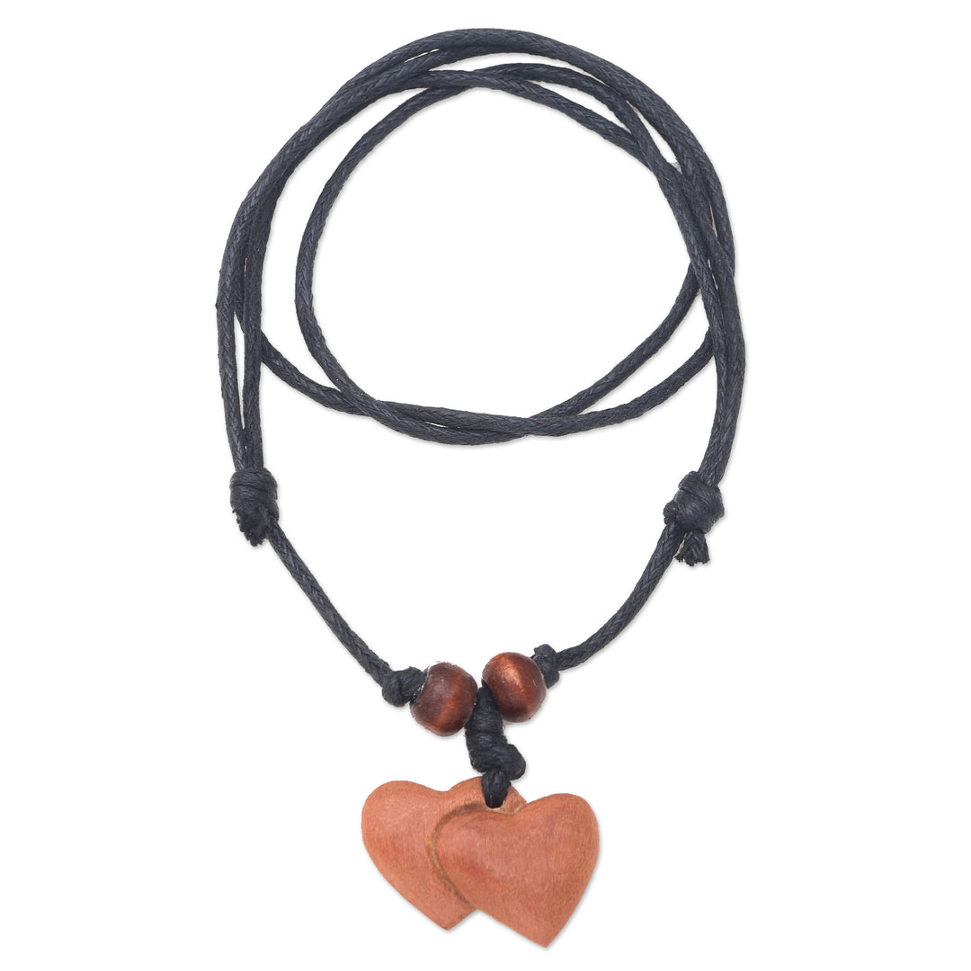 Sawo Wood Heart Pendant Necklace with Cotton Cord - Joined Hearts