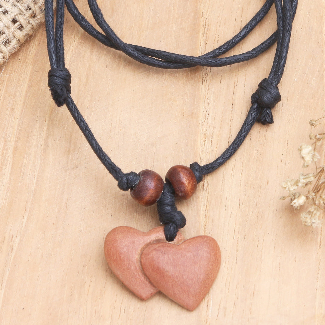 Sawo Wood Heart Pendant Necklace with Cotton Cord - Joined Hearts