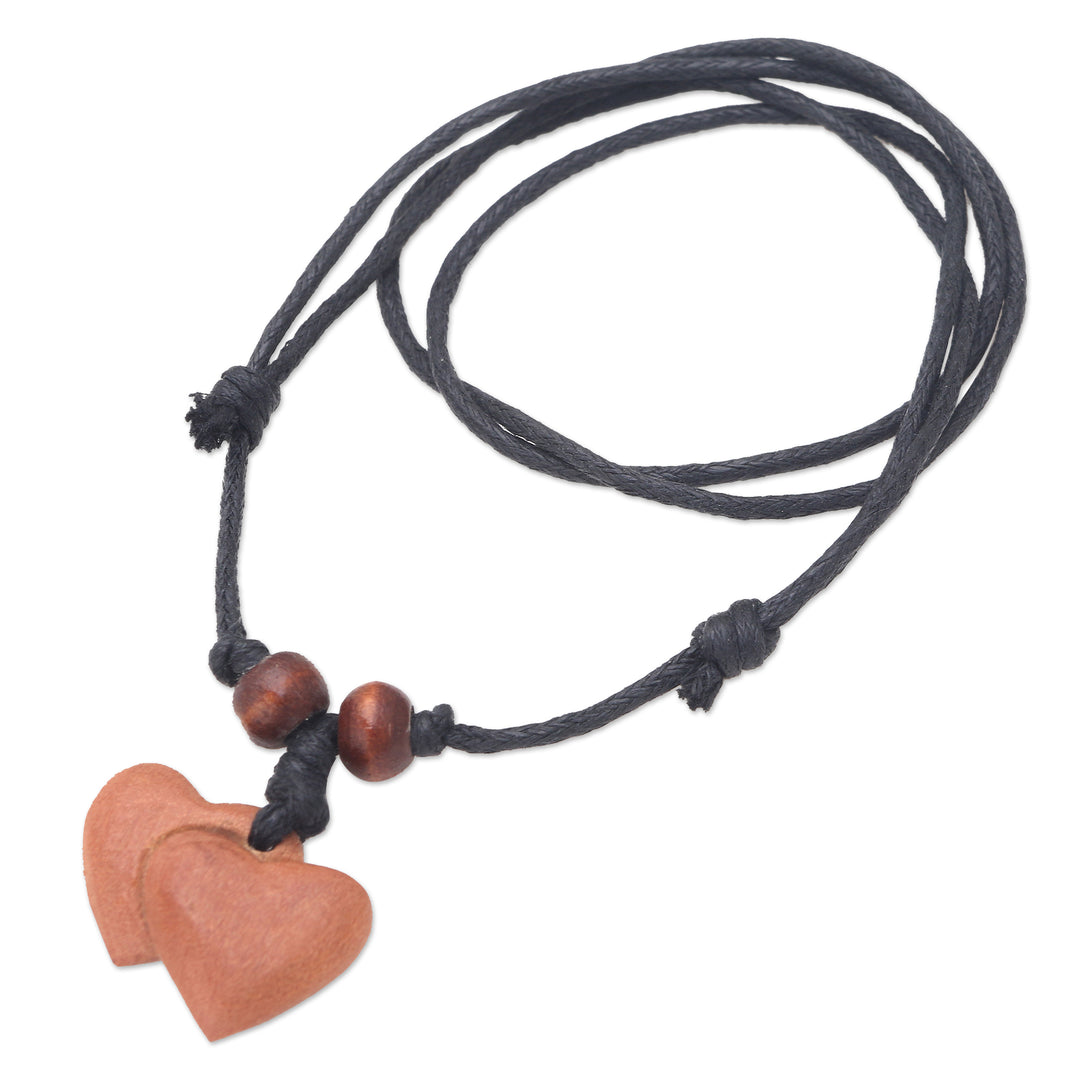 Sawo Wood Heart Pendant Necklace with Cotton Cord - Joined Hearts