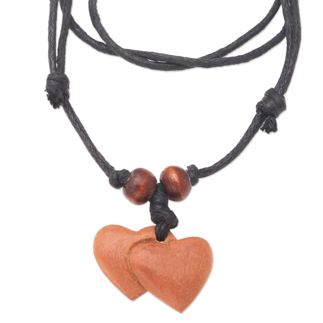 Sawo Wood Heart Pendant Necklace with Cotton Cord - Joined Hearts