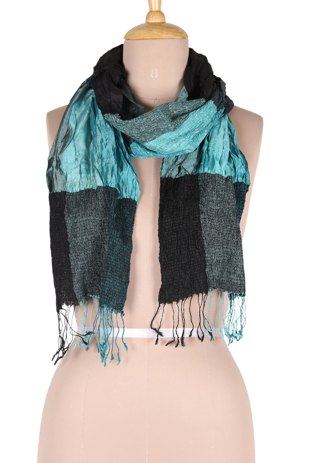 100% Silk Teal Checkered and Ruffled Scarf Woven in India - Teal Mystique Saga