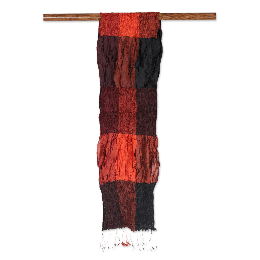 100% Silk Russet Checkered and Ruffled Scarf Woven in India - Russet Mystique Saga