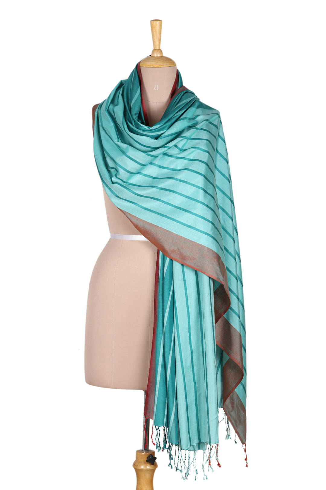Handloomed Teal Silk Shawl with Striped Pattern - Passionate Teal