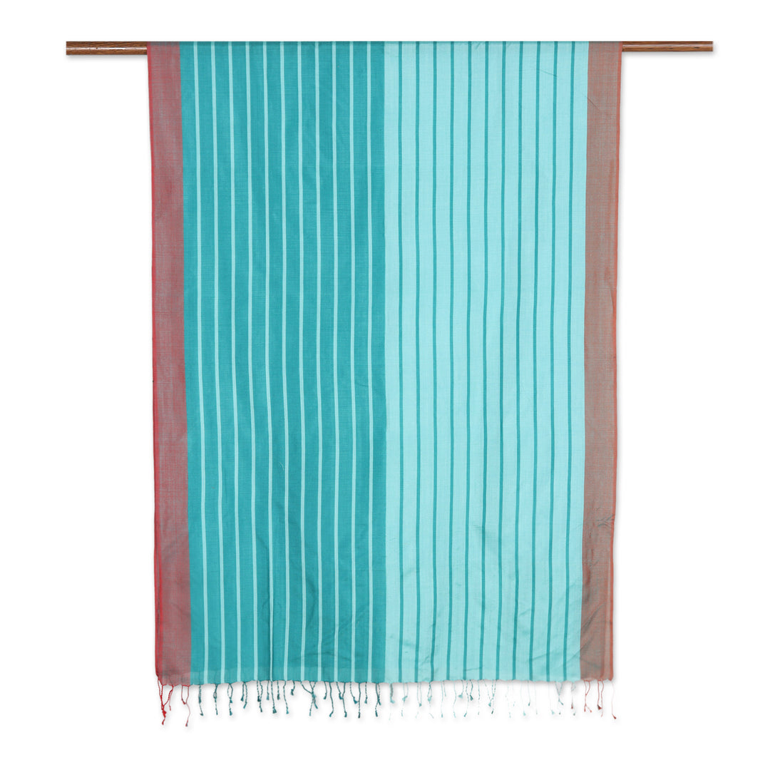Handloomed Teal Silk Shawl with Striped Pattern - Passionate Teal