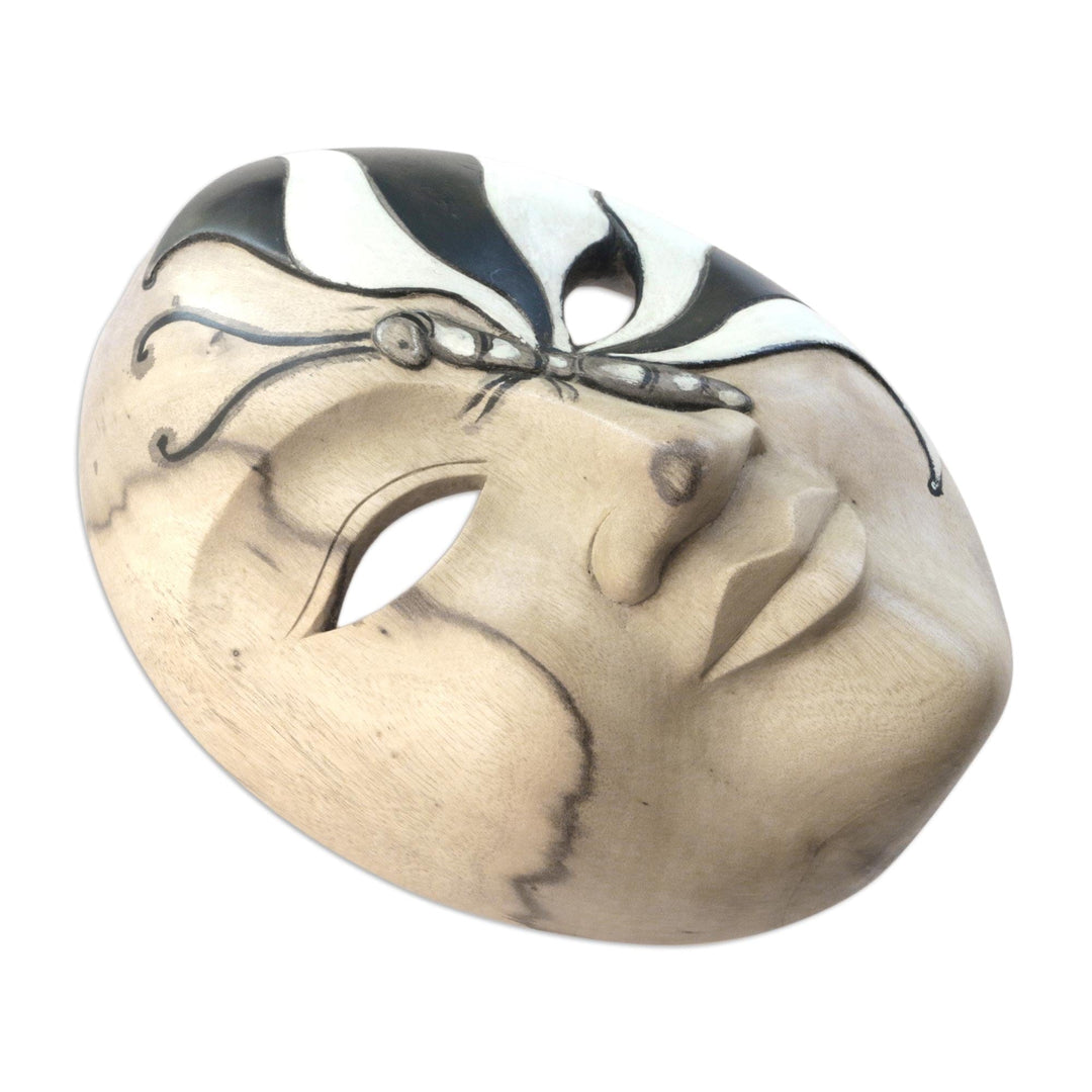 Balinese Hibiscus Wood Mask with Hand-Painted Butterfly - Feminine Butterfly