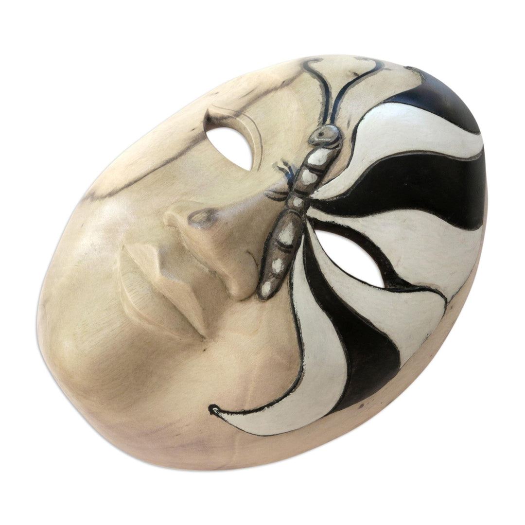 Balinese Hibiscus Wood Mask with Hand-Painted Butterfly - Feminine Butterfly