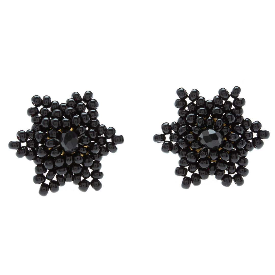Star-shaped Beaded Button Earrings Handcrafted in Mexico - Black Star