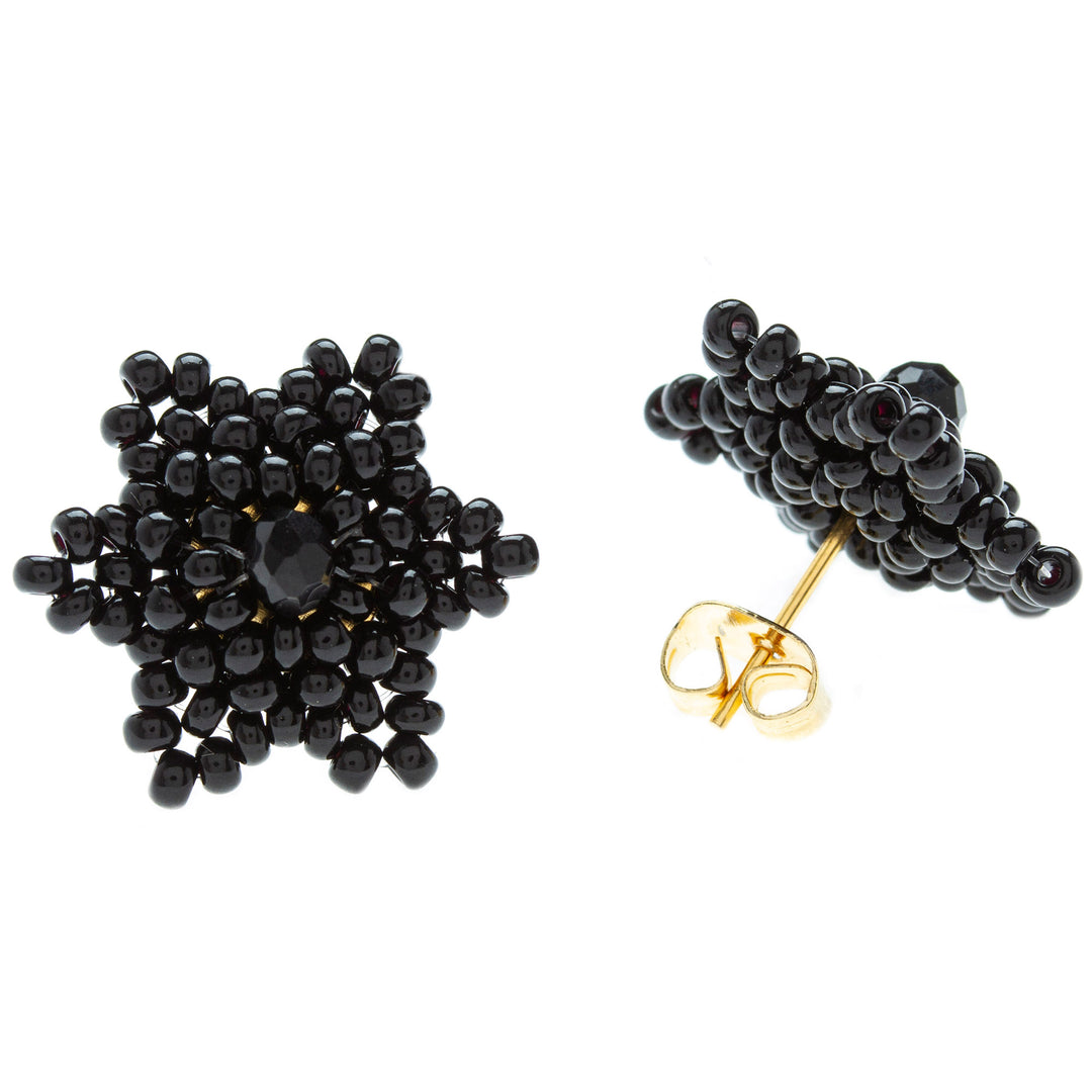 Star-shaped Beaded Button Earrings Handcrafted in Mexico - Black Star